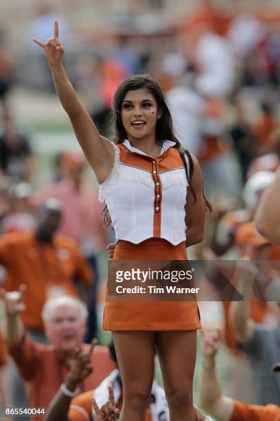 Texas Longhorns cheerleaders perform during the game against the Oklahoma State Cowboys at Darrell K Royal-Texas Memorial Stadium on October 21, 2017...