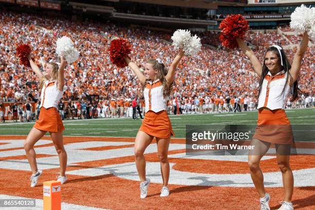 Texas Longhorns cheerleaders perform during the game against the Oklahoma State Cowboys at Darrell K Royal-Texas Memorial Stadium on October 21, 2017...