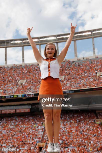 Texas Longhorns cheerleaders perform during the game against the Oklahoma State Cowboys at Darrell K Royal-Texas Memorial Stadium on October 21, 2017...