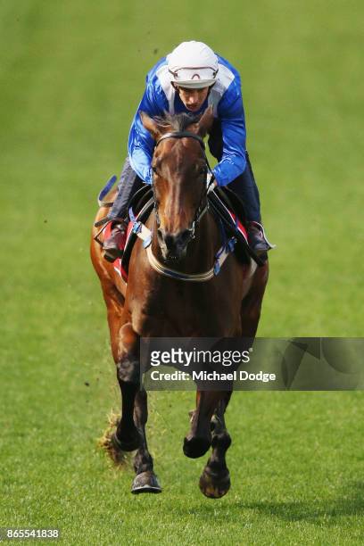 Winx ridden by jockey Hugh Bowman gallops during Breakfast With The Stars at Moonee Valley Racecourse on October 24, 2017 in Melbourne, Australia.
