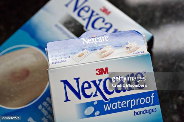 Boxes of 3M Co. Nexcare brand waterproof bandages are arranged for a photograph in Tiskilwa, Illinois, U.S., on Monday, Oct. 23, 2017. 3M is...