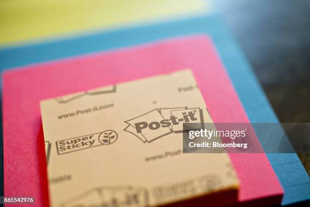 Co. Post-it brand sticky notes are arranged for a photograph in Tiskilwa, Illinois, U.S., on Monday, Oct. 23, 2017. 3M is scheduled to release...