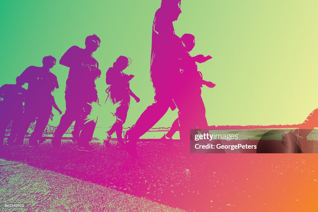 Sequenzielle Serie Silhouetten von Menschen Fitness Walking auf Fußweg rund um Lake Calhoun, Minneapolis