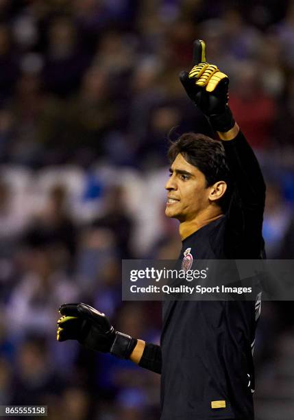 Yassine Bounou 'Bono' of Girona FC reacts during the La Liga match between Deportivo La Coruna and Girona at Riazor Stadium on October 23, 2017 in La...