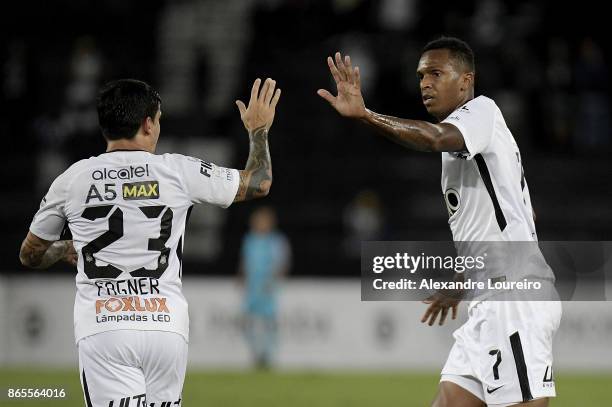 Jo of Corinthians celebrates a scored goal with Fagner during the match between Botafogo and Corinthians as part of Brasileirao Series A 2017 at...