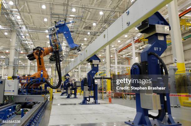 Wing spar assembly robot is pictured in the Boeing factory on October 23, 2017 in Everett, Washington. Boeing began production of the 777X jetliner,...