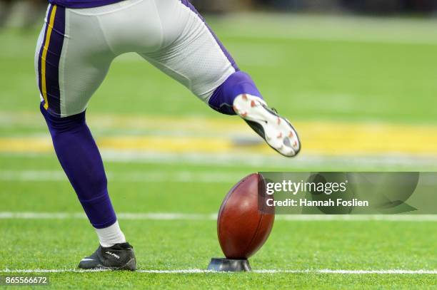 Kai Forbath of the Minnesota Vikings kicks the ball during warmups before the game against the Baltimore Ravens on October 22, 2017 at US Bank...