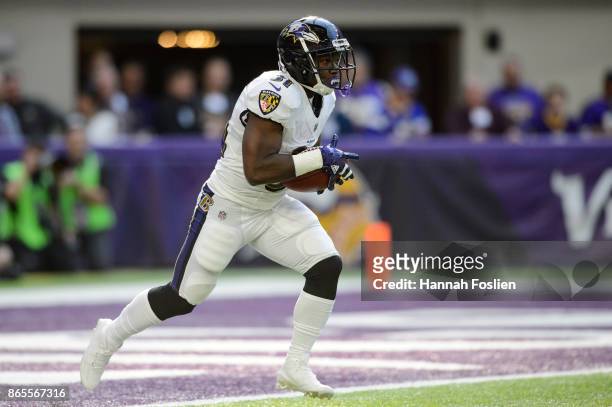 Bobby Rainey of the Baltimore Ravens returns a kick against the Minnesota Vikings during the game on October 22, 2017 at US Bank Stadium in...