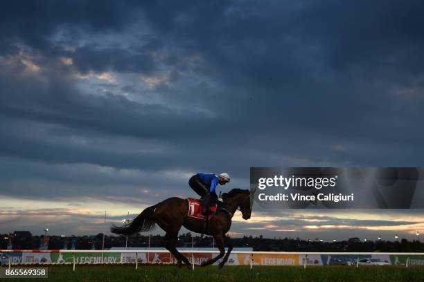 Hugh Bowman riding Winx during a trackwork session during Breakfast With The Best at Moonee Valley Racecourse on October 24, 2017 in Melbourne,...