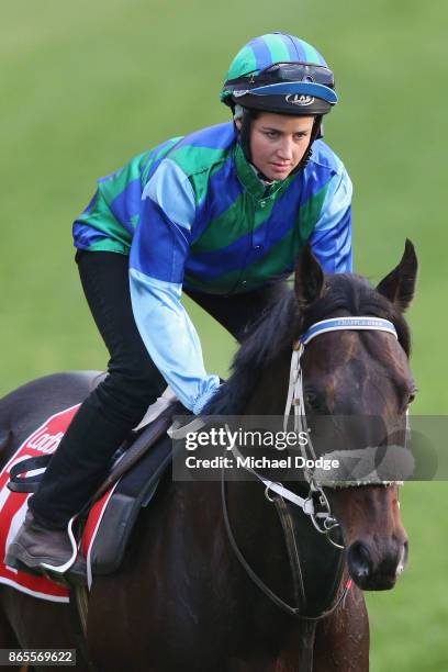 Kaspersky ridden by Michelle Payne gallops during Breakfast With The Stars at Moonee Valley Racecourse on October 24, 2017 in Melbourne, Australia.