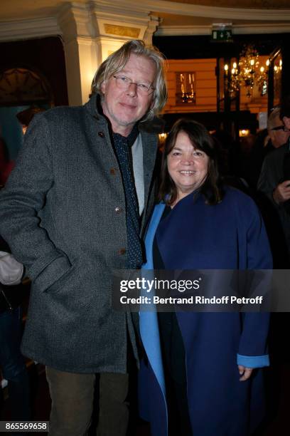 Myriam Boyer and her huband Philippe Vincent attend the "Ramses II" Theater Play at Theatre des Bouffes Parisiens on October 23, 2017 in Paris,...