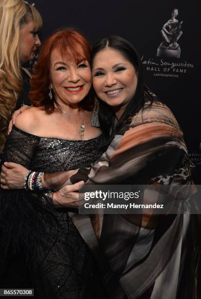 Vikki Carr and Ana Gabriel at the 5th Annual Latin Songwriters Hall Of Fame's La Musa Award at James L Knight Center on October 19, 2017 in Miami,...