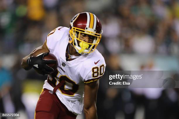 Jamison Crowder of the Washington Redskins runs the ball against the Philadelphia Eagles in the first quarter of the game at Lincoln Financial Field...