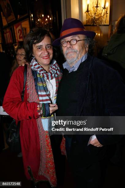 Juliette Chanaud and Jean-Michel Ribes attend the "Ramses II" Theater Play at Theatre des Bouffes Parisiens on October 23, 2017 in Paris, France.