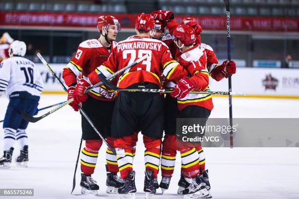 Wolski Wojtek of HC Kunlun Red Star celebrates a goal with team mates against Admiral Vladivostok in their 2017/18 KHL Regular Season ice hockey...