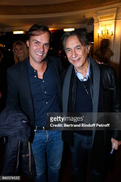 Autor of the piece, Sebastien Thiery and Richard Berry attend the "Ramses II" Theater Play at Theatre des Bouffes Parisiens on October 23, 2017 in...