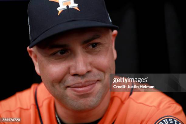 Carlos Beltran of the Houston Astros answers questions from the media ahead of the World Series at Dodger Stadium on October 23, 2017 in Los Angeles,...