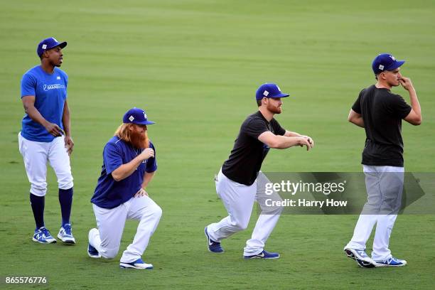 Curtis Granderson, Justin Turner, Logan Forsythe and Enrique Hernandez of the Los Angeles Dodgers on the field ahead of the World Series at Dodger...