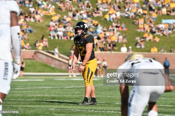 Kicker Nick Bartolotta of the Missouri Tigers prepares to kick an extra point against Idaho Vandals at Memorial Stadium on October 21, 2017 in...