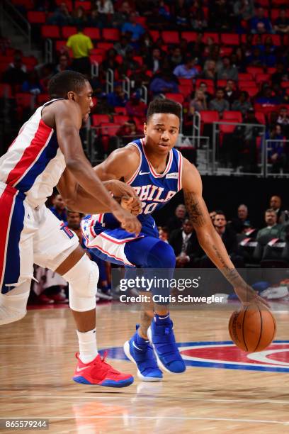Markelle Fultz of the Philadelphia 76ers drives against the Detroit Pistons on October 23, 2017 at Little Caesars Arena in Detroit, Michigan. NOTE TO...