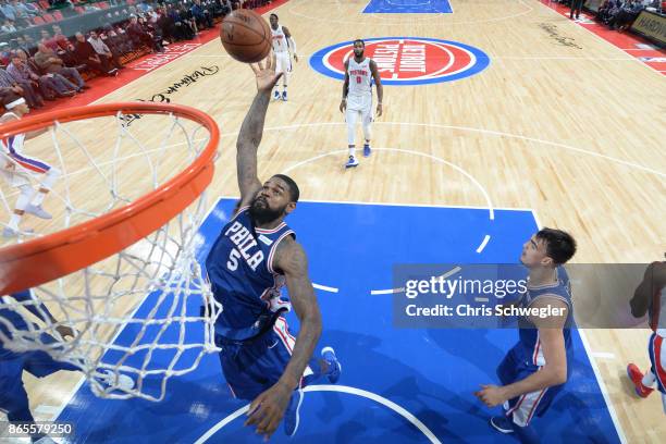 Amir Johnson of the Philadelphia 76ers rebounds against the Detroit Pistons on October 23, 2017 at Little Caesars Arena in Detroit, Michigan. NOTE TO...