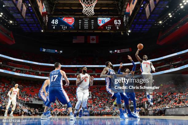 Reggie Jackson of the Detroit Pistons shoots against the Philadelphia 76ers on October 23, 2017 at Little Caesars Arena in Detroit, Michigan. NOTE TO...