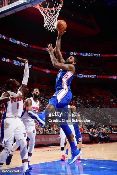 Amir Johnson of the Philadelphia 76ers drives against the Detroit Pistons on October 23, 2017 at Little Caesars Arena in Detroit, Michigan. NOTE TO...