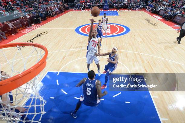 Avery Bradley of the Detroit Pistons shoots against the Philadelphia 76ers on October 23, 2017 at Little Caesars Arena in Detroit, Michigan. NOTE TO...