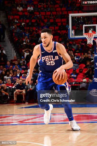 Ben Simmons of the Philadelphia 76ers drives against the Detroit Pistons on October 23, 2017 at Little Caesars Arena in Detroit, Michigan. NOTE TO...