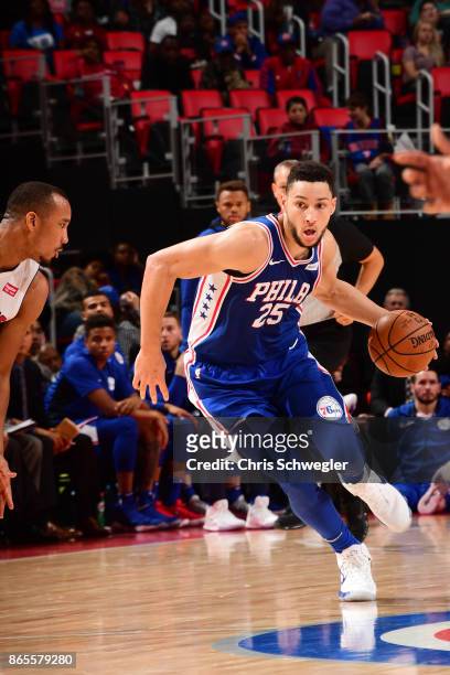 Ben Simmons of the Philadelphia 76ers drives against the Detroit Pistons on October 23, 2017 at Little Caesars Arena in Detroit, Michigan. NOTE TO...