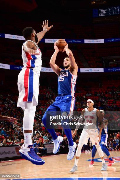 Ben Simmons of the Philadelphia 76ers shoots against the Detroit Pistons on October 23, 2017 at Little Caesars Arena in Detroit, Michigan. NOTE TO...