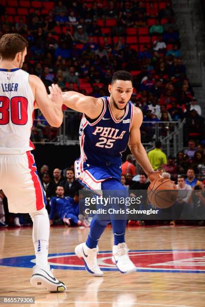 Ben Simmons of the Philadelphia 76ers drives against the Detroit Pistons on October 23, 2017 at Little Caesars Arena in Detroit, Michigan. NOTE TO...