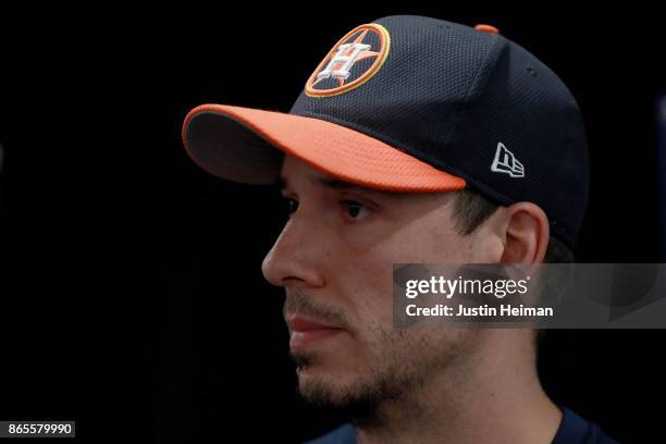 Charlie Morton of the Houston Astros answers questions from the media ahead of the World Series at Dodger Stadium on October 23, 2017 in Los Angeles,...