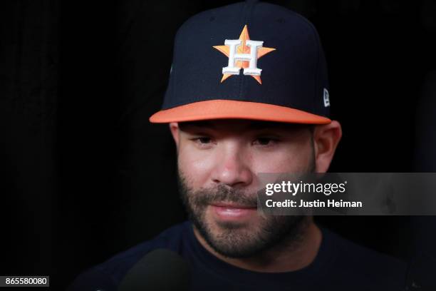 Jose Altuve of the Houston Astros answers questions from the media ahead of the World Series at Dodger Stadium on October 23, 2017 in Los Angeles,...