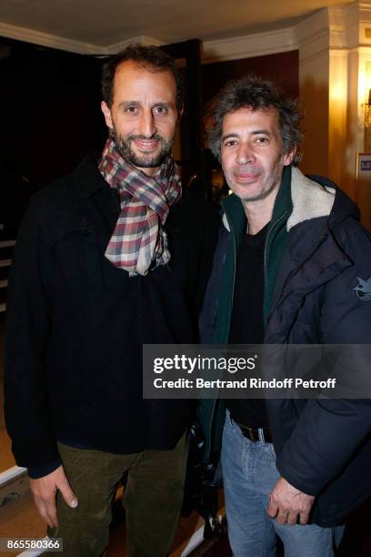 Arie Elmaleh and Actor of the piece Eric Elmosnino attend the "Ramses II" Theater Play at Theatre des Bouffes Parisiens on October 23, 2017 in Paris,...