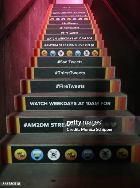 View of signage during the BuzzFeed AM to DM launch party on October 23, 2017 in New York City.