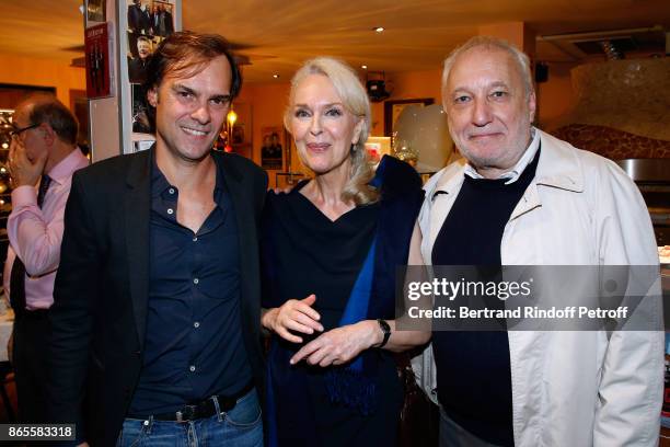 Autor of the piece, Sebastien Thiery with actors of the piece Evelyne Buyle and Francois Berleand attend the "Ramses II" Theater Play at Theatre des...