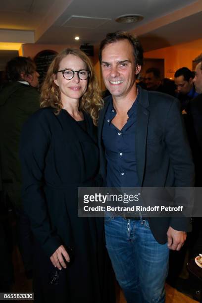 Autor of the piece, Sebastien Thiery and his companion Pascale Arbillot attend the "Ramses II" Theater Play at Theatre des Bouffes Parisiens on...