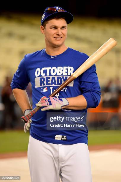 Joc Pederson of the Los Angeles Dodgers on the field ahead of the World Series at Dodger Stadium on October 23, 2017 in Los Angeles, California. The...