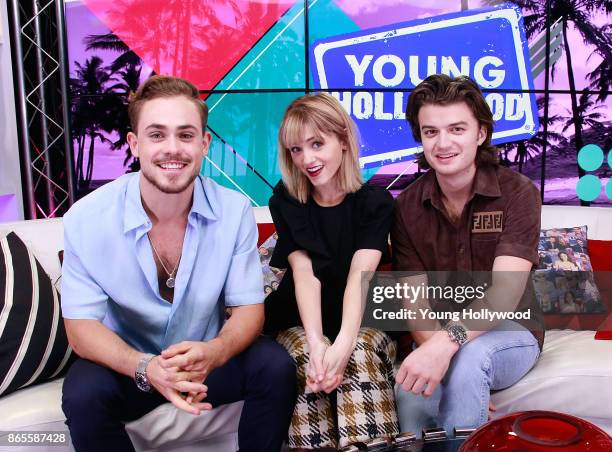 October 23: Dacre Montgomery, Natalia Dyer and Joe Keery at the Young Hollywood Studio on October 23, 2017 in Los Angeles, California.