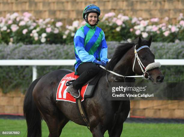 Michelle Payne riding Kaspersky after a trackwork session during Breakfast With The Best at Moonee Valley Racecourse on October 24, 2017 in...