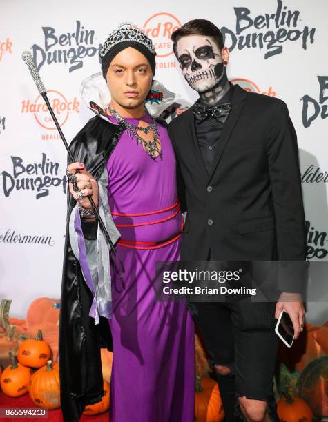Julian F.M. Stoeckel and friend attends the Halloween party hosted by Natascha Ochsenknecht at Berlin Dungeon on October 23, 2017 in Berlin, Germany.