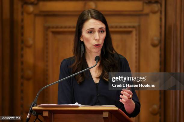 Prime Minister-designate Jacinda Ardern speaks during a coalition agreement signing at Parliament on October 24, 2017 in Wellington, New Zealand....