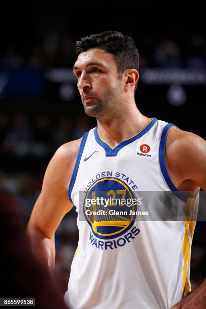 Zaza Pachulia of the Golden State Warriors looks on during a game against the Dallas Mavericks on October 23, 2017 at the American Airlines Center in...