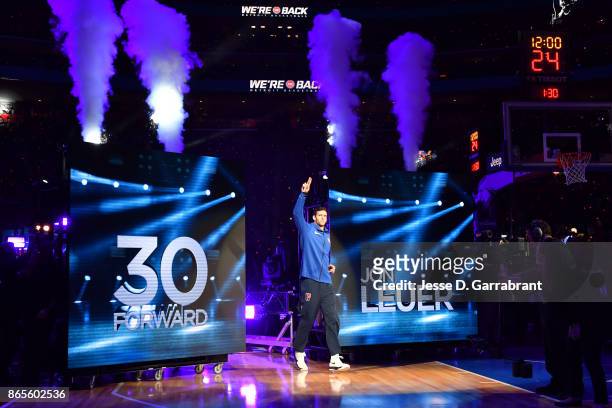 Jon Leuer of the Detroit Pistons is announced prior to the game against the Charlotte Hornets on October 18, 2017 at Little Caesars Arena in Detroit,...
