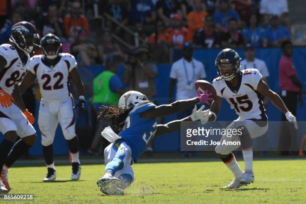 Carson, CA Strong safety Jahleel Addae of the Los Angeles Chargers reaching for the ball in the second quarter as the Denver Broncos take on the Los...