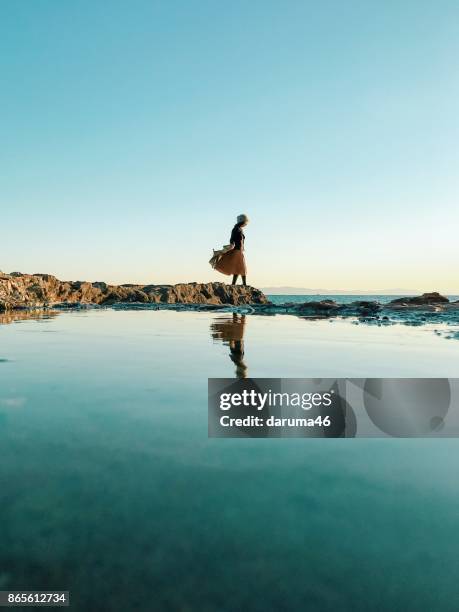 femme debout sur le rocher à côté de la mer - quiet photos et images de collection