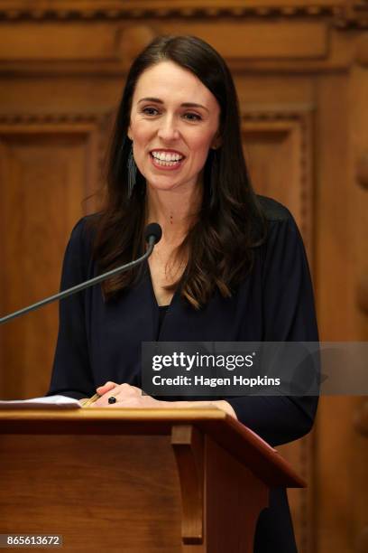 Prime Minister-designate Jacinda Ardern speaks during a coalition agreement signing at Parliament on October 24, 2017 in Wellington, New Zealand....