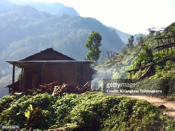 rural scene in annapurna conservation area in nepal. - annapurna conservation area stockfoto's en -beelden