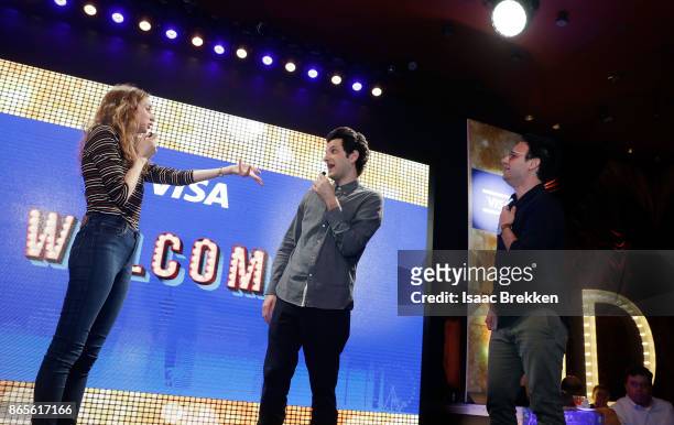 Lauren Lapkus Ben Schwartz and Gil Ozeri perform during the Visa ID Intelligence launch party at Money 20/20 on October 23, 2017 in Las Vegas, Nevada.